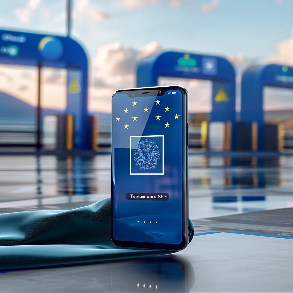 Digital Schengen visa displayed on a smartphone at a European border crossing
