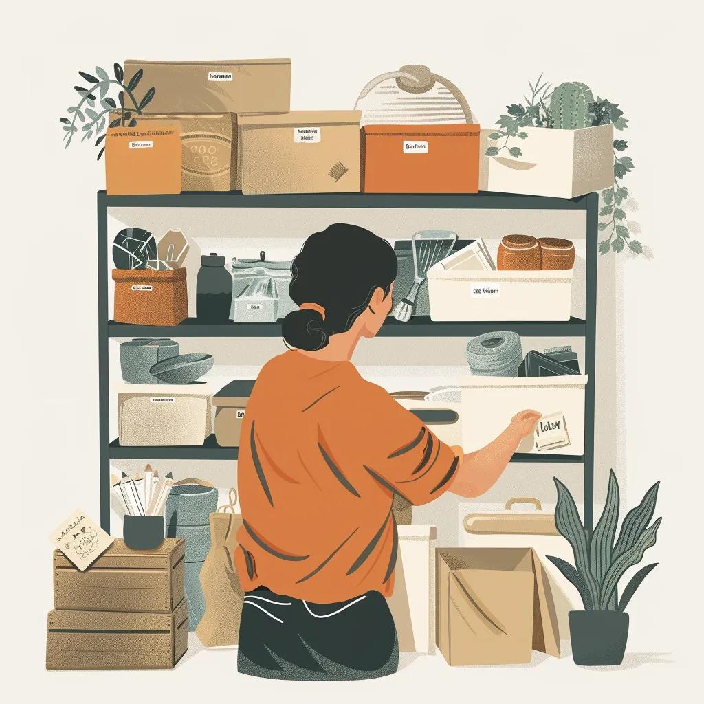 Person sorting belongings into organized boxes for decluttering