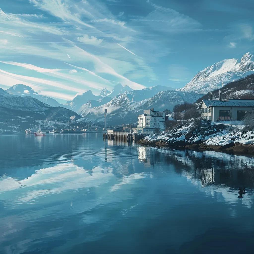 Scenic view of Narvik, Norway with hydropower station and mountains