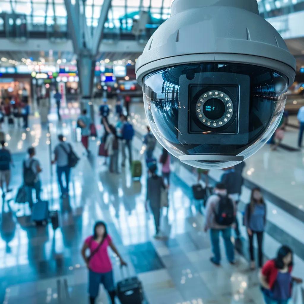 CCTV camera monitoring Dubai International Airport, emphasizing surveillance technology