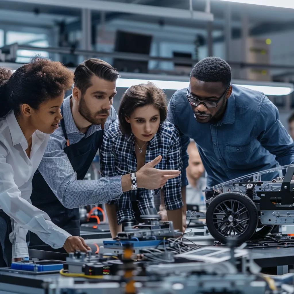 Engineers collaborating on automotive and IoT technology projects, representing Qualcomm's diversification strategy