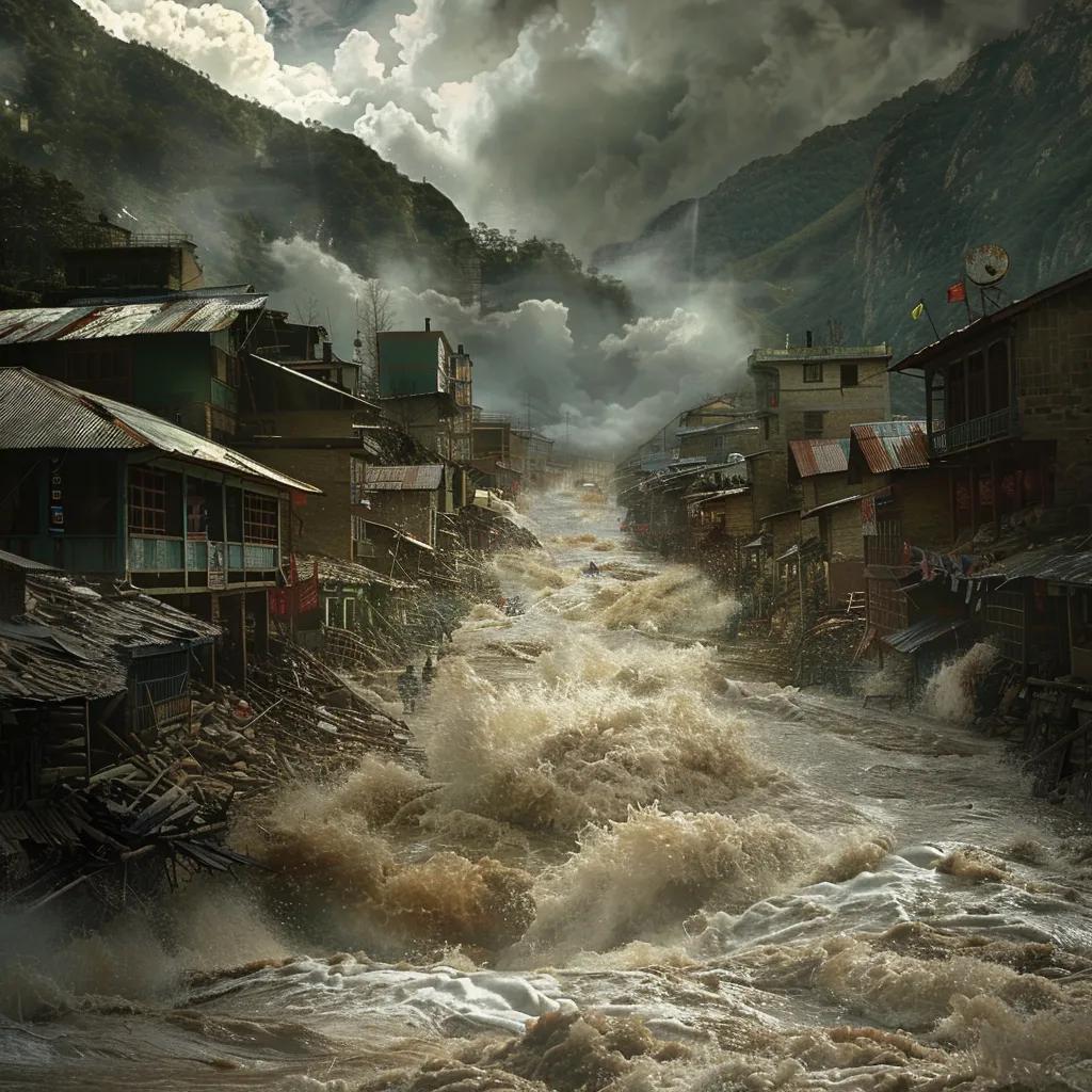 Flash flood in a Himalayan village illustrating the devastating impact of natural disasters
