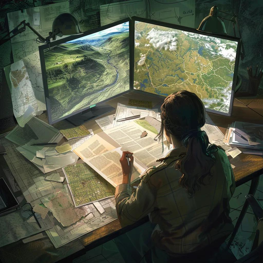 Forensic linguist analyzing manuscript text with digital mapping tools