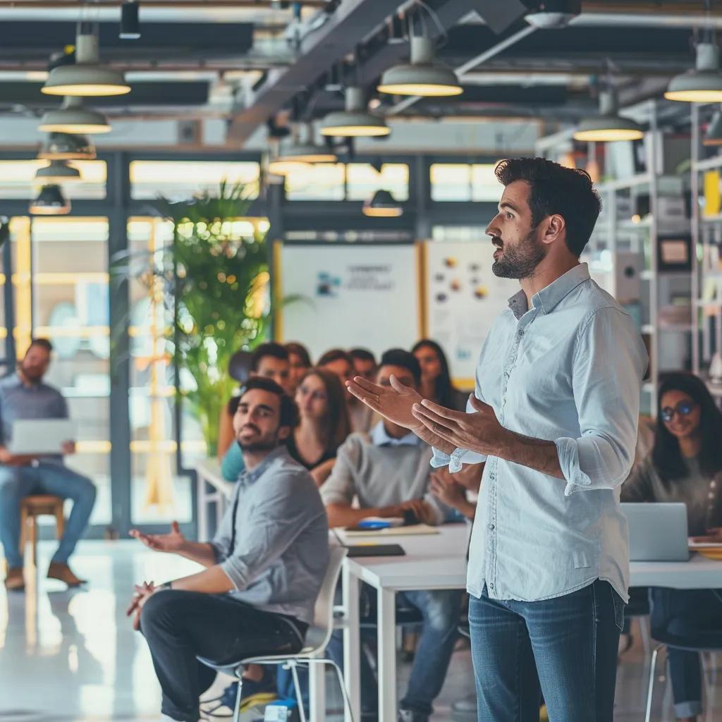 Leader motivating a team in a modern workspace, illustrating key leadership qualities and team engagement