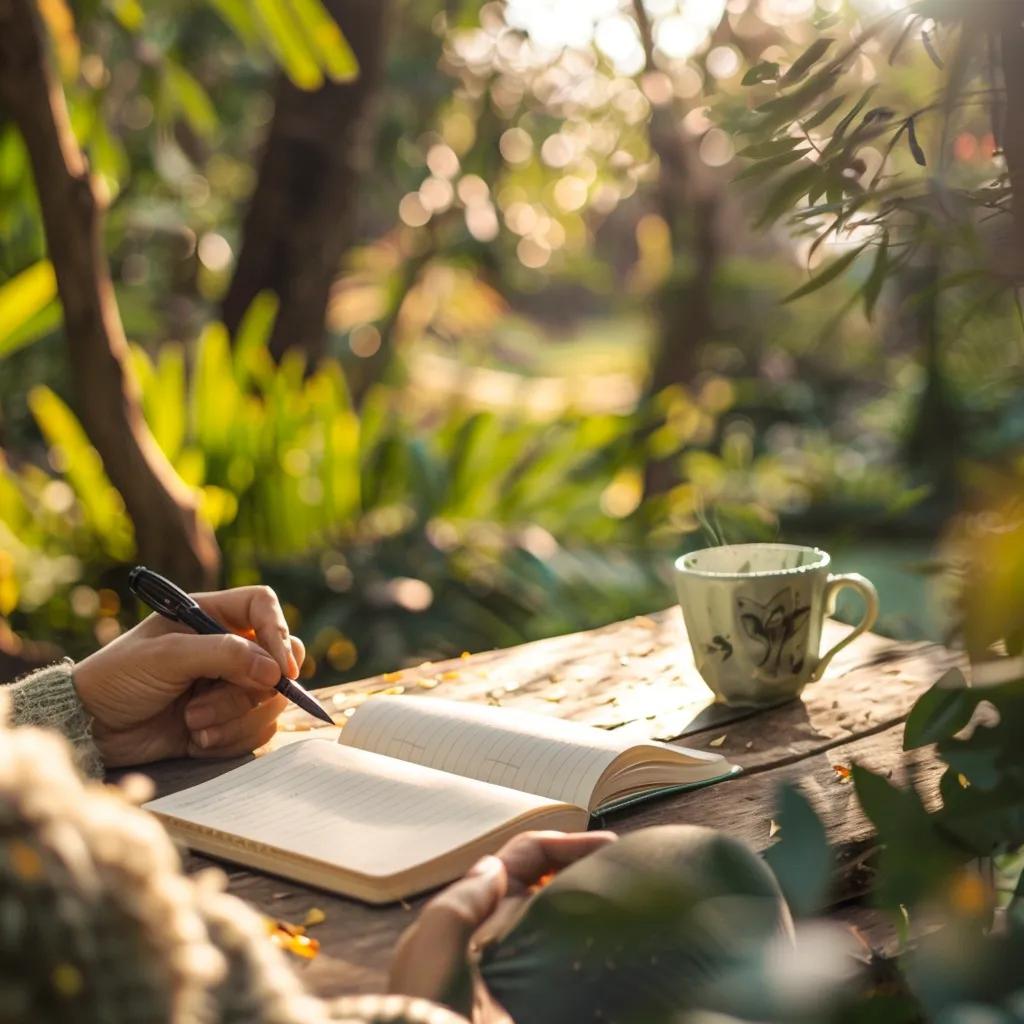 Person journaling in a serene natural setting, reflecting on core values for personal growth