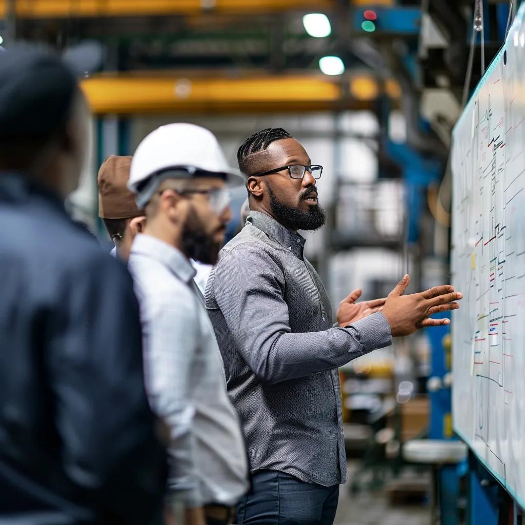 Manufacturing leader presenting strategies to a team in a factory