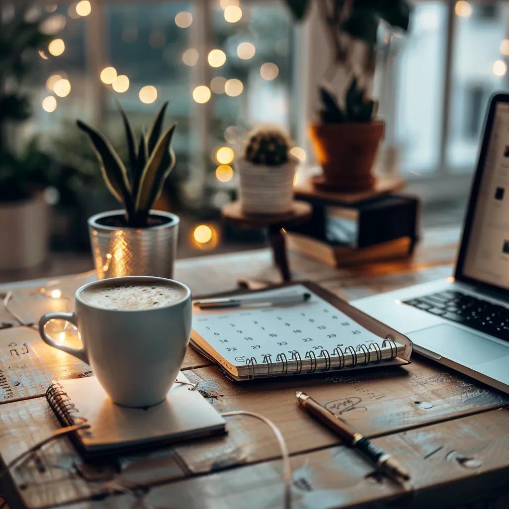 Workspace with planner, coffee, and laptop symbolizing productivity habits