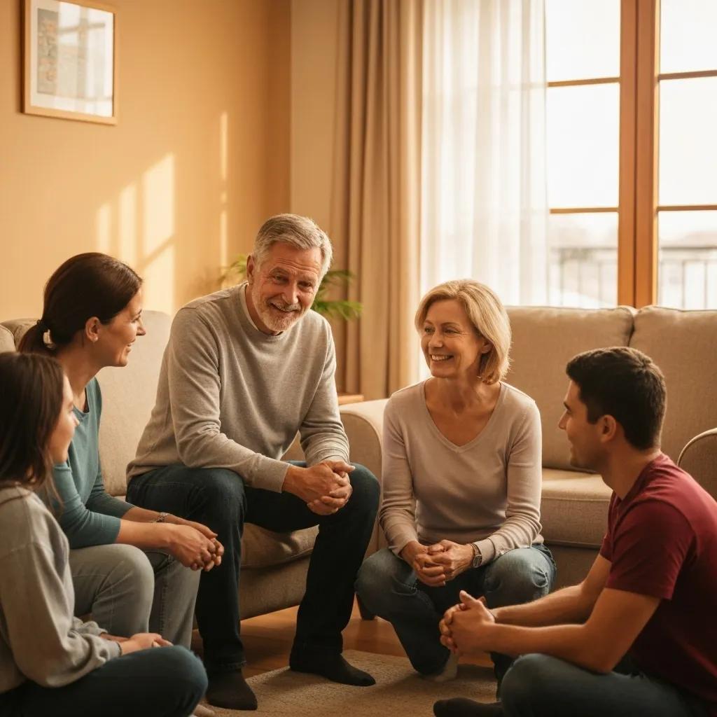 Family discussing prevention strategies against scams in a cozy living room