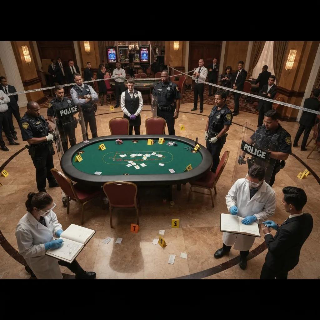 Police officers securing a crime scene at a casino hotel with evidence collection in progress
