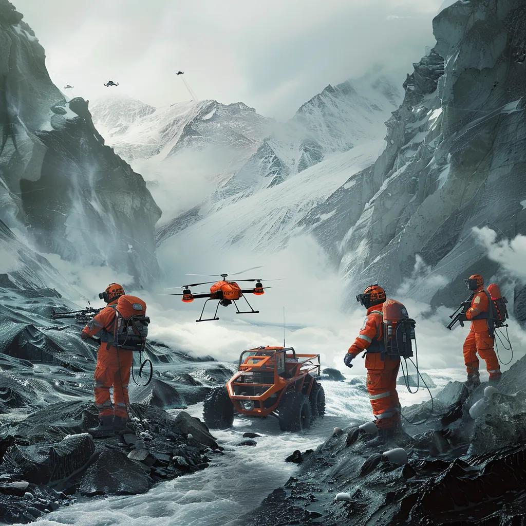 Rescue team utilizing drones and all-terrain vehicles in North China, showcasing advanced technology in emergency operations