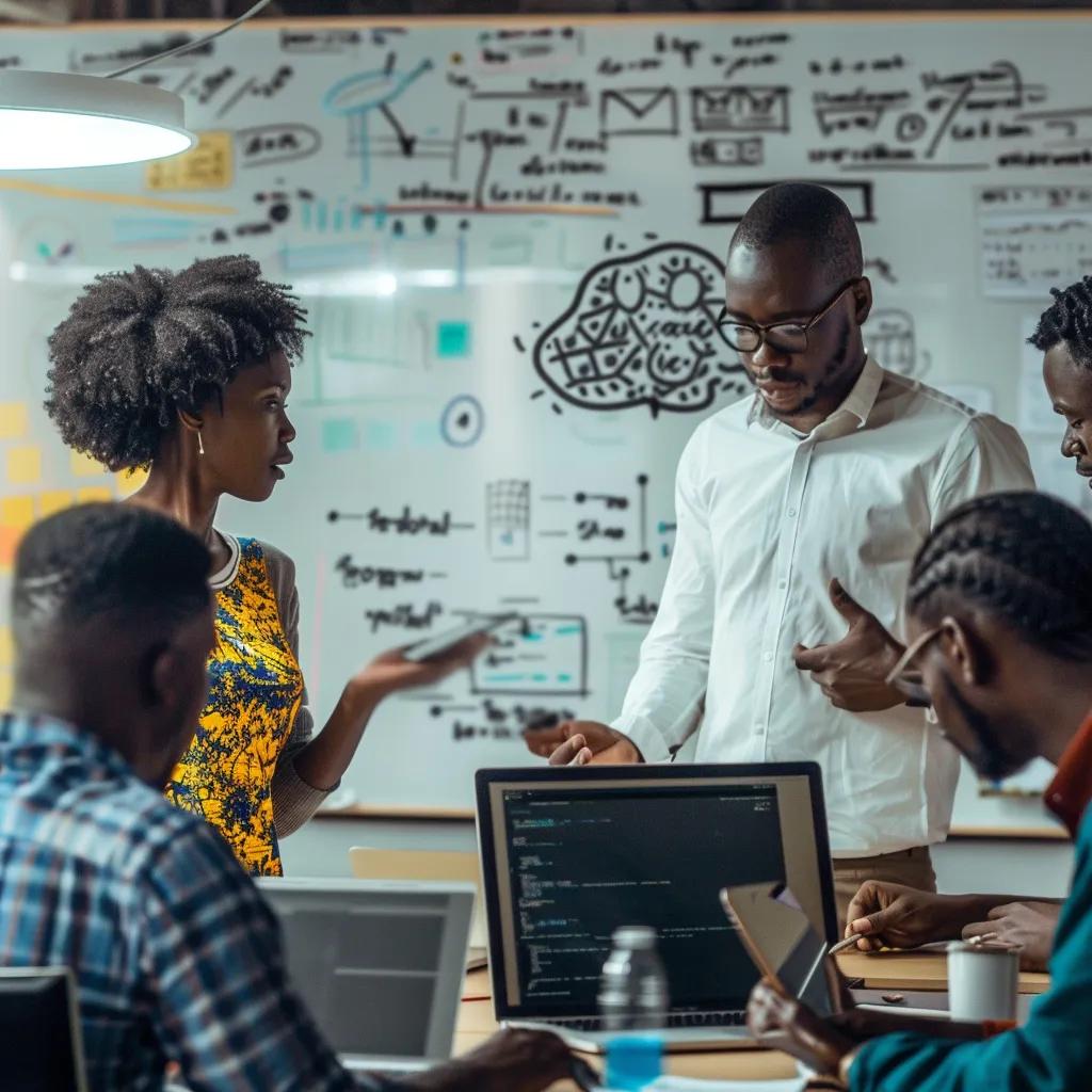 Diverse African mathematicians collaborating on AI projects in a modern workspace