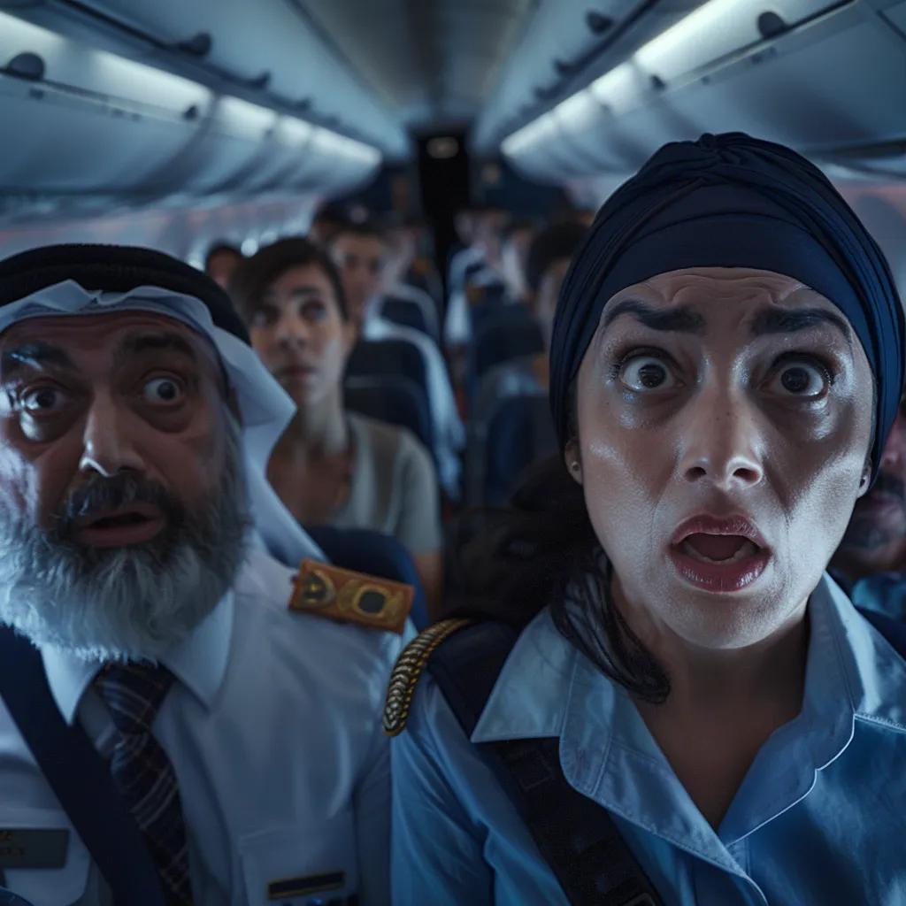 Tense airplane scene depicting a crew member and a Muslim passenger during a conflict, highlighting the emotional atmosphere of the incident