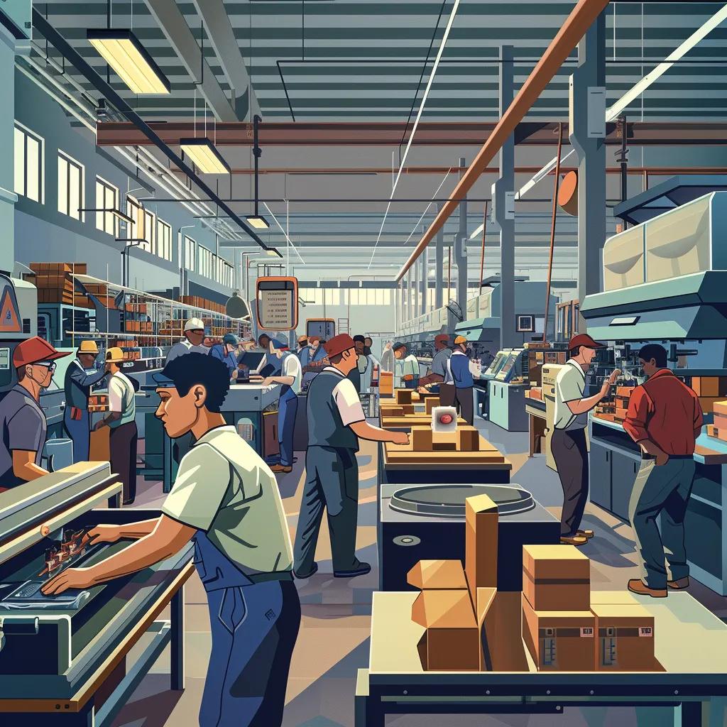 Diverse American workers in a manufacturing setting, showcasing the economic impacts of tariffs on the U.S. economy