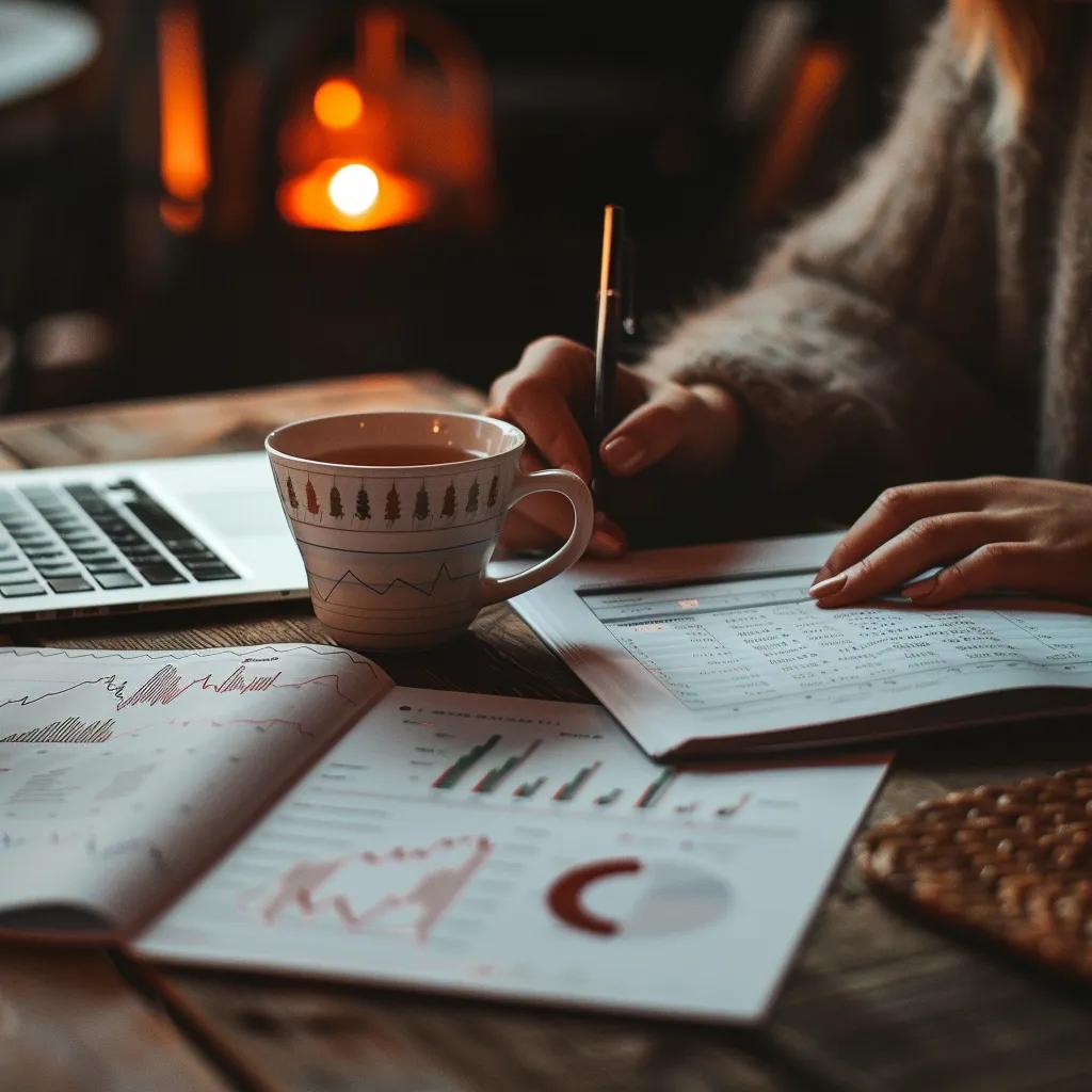 Person analyzing financial documents and charts at a cozy desk with investment strategies
