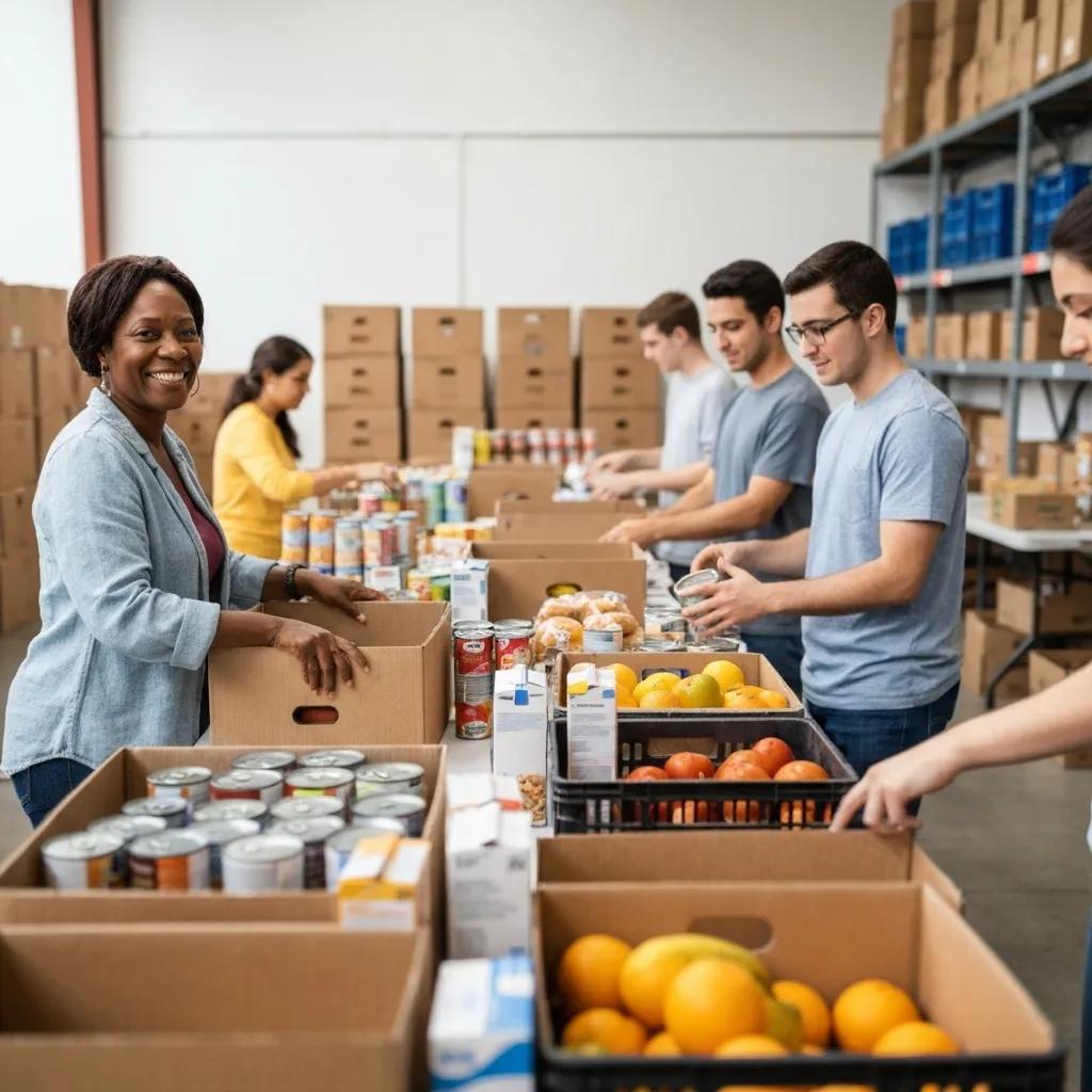 Volunteers at a food bank sorting food donations, illustrating the critical role of food banks in hunger relief