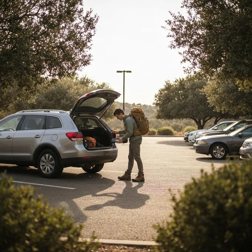 Hiker securing valuables in a locked trunk at a trailhead, highlighting theft prevention strategies