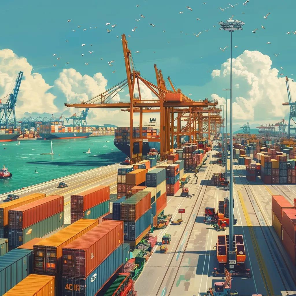Vibrant international trade port scene showcasing shipping containers and cargo ships