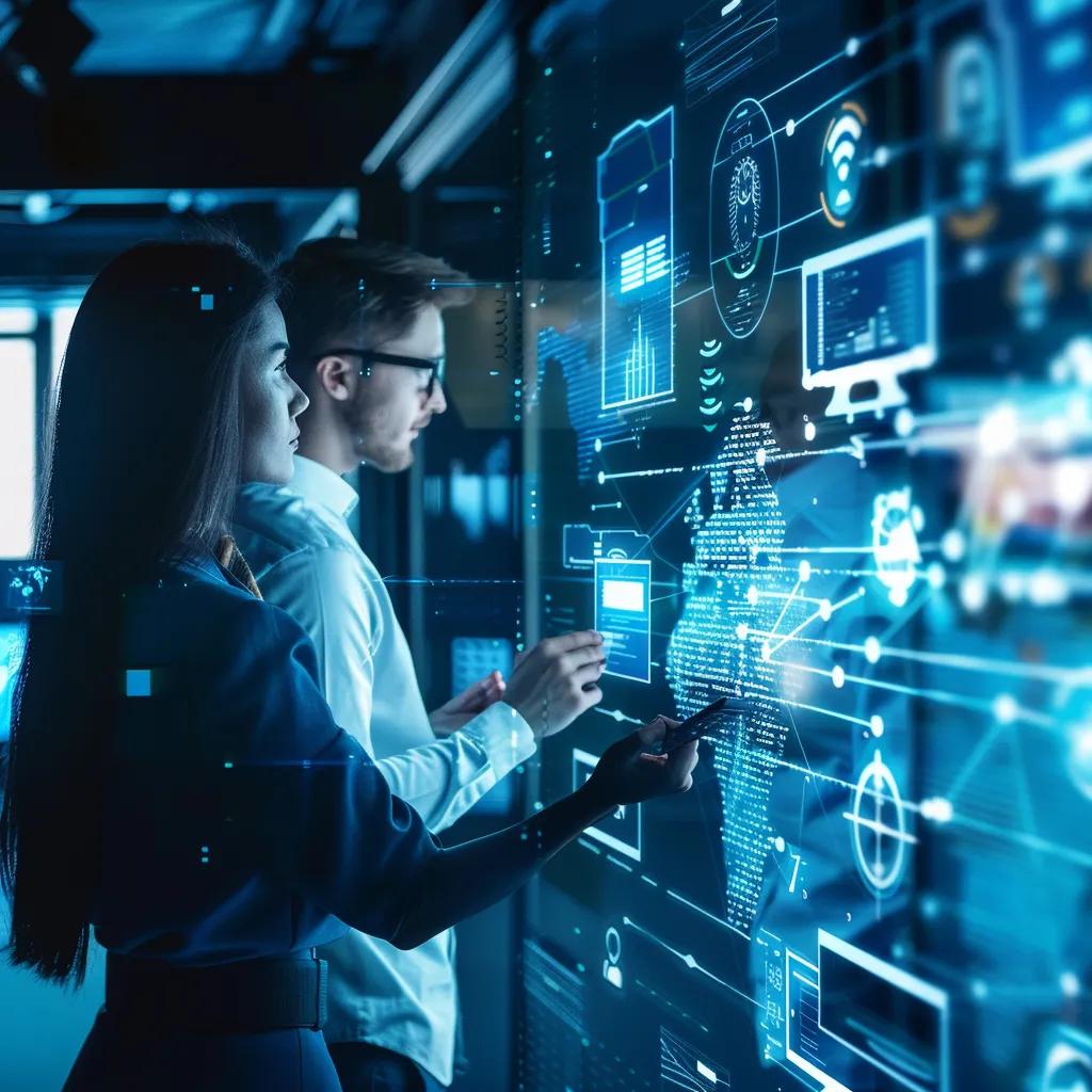 Business professionals utilizing artificial intelligence tools to enhance productivity