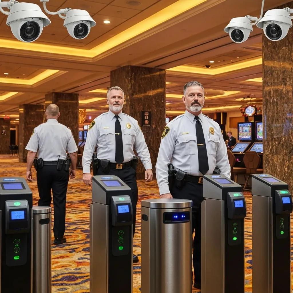 Security measures at a Las Vegas casino including CCTV cameras and security personnel