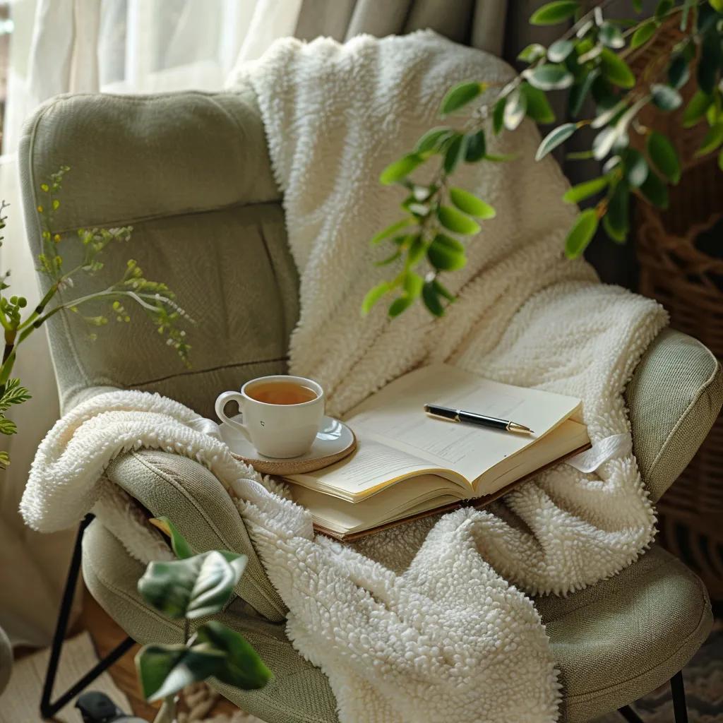 Cozy self-care setup with tea, journal, and plants promoting relaxation and emotional well-being