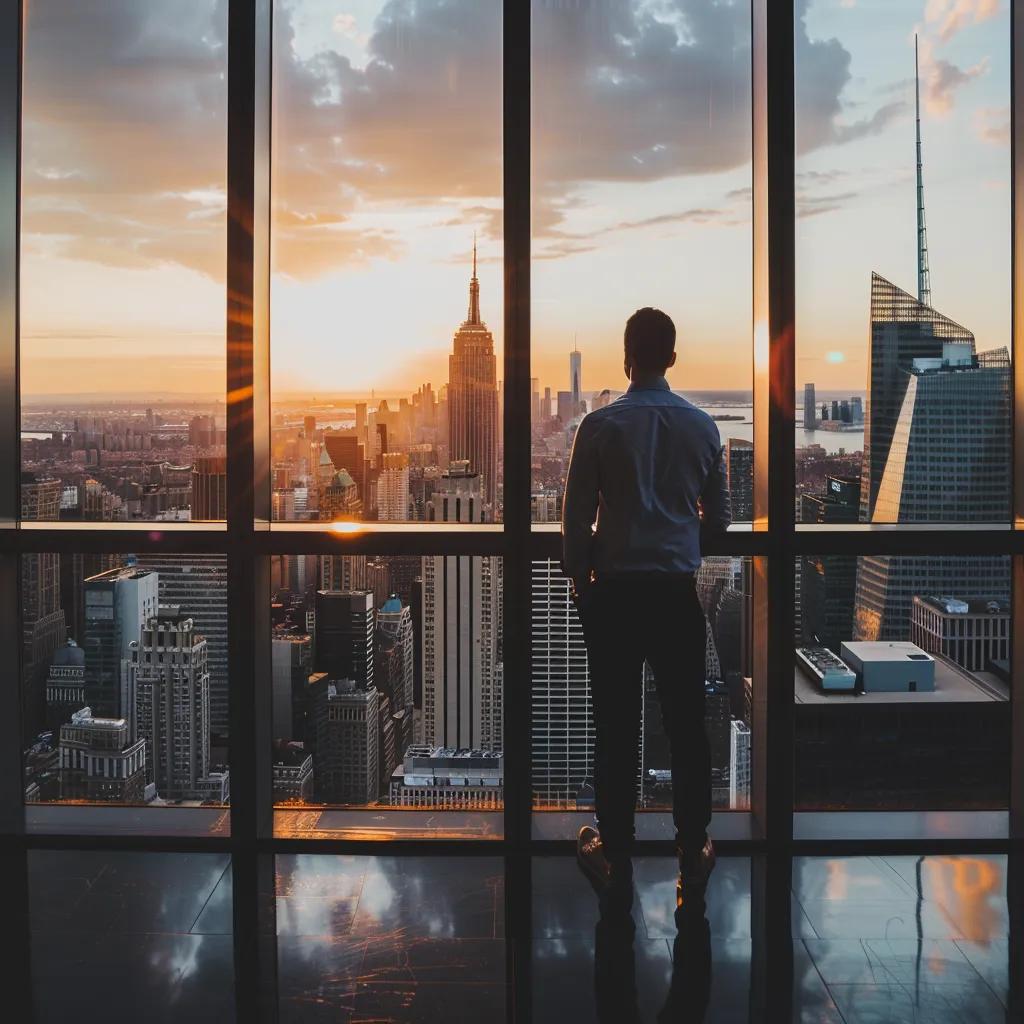 Young professional gazing at a city skyline, symbolizing future job market opportunities