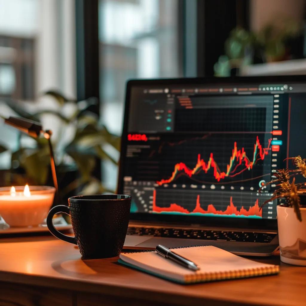 Close-up of a stock market screen showing declines with a cozy workspace in the background