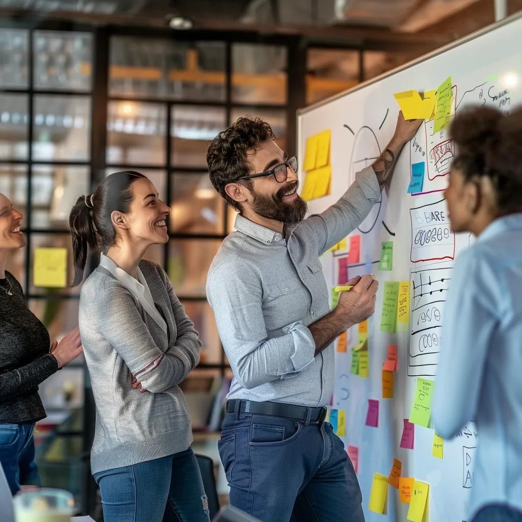 Diverse team collaborating in a meeting to enhance continuous improvement and life purpose