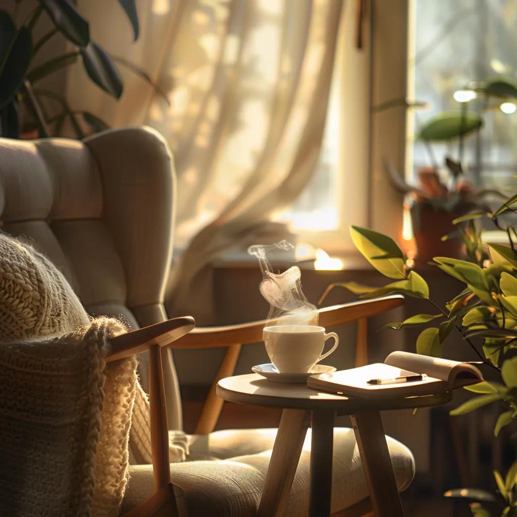 Cozy workspace with tea and journal representing self-care and mental wellness