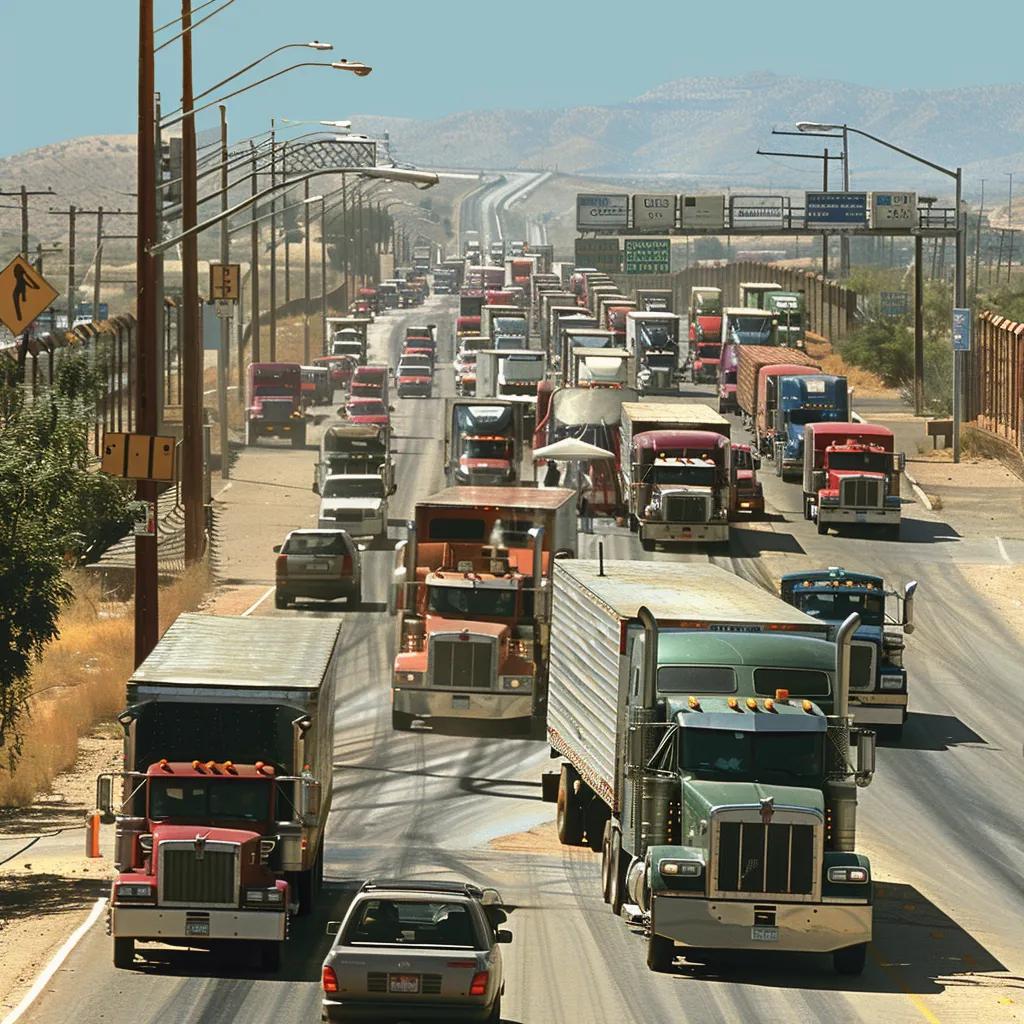 Busy U.S.-Mexico border crossing with trucks transporting goods