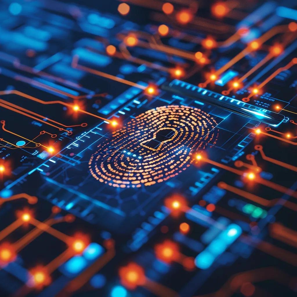 Conceptual image of biometric data protection with a digital lock overlay on a fingerprint