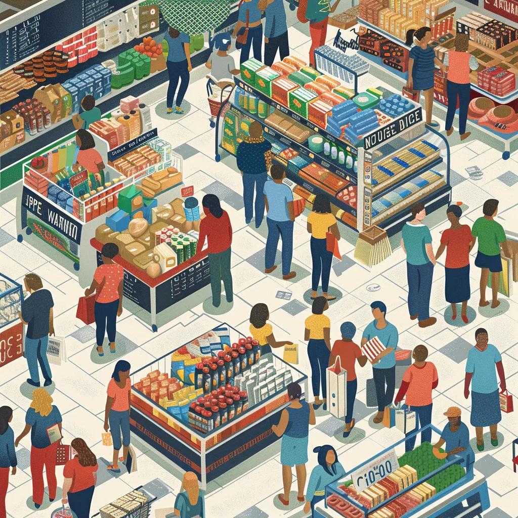 Marketplace scene illustrating the economic impact of tariffs on consumer prices