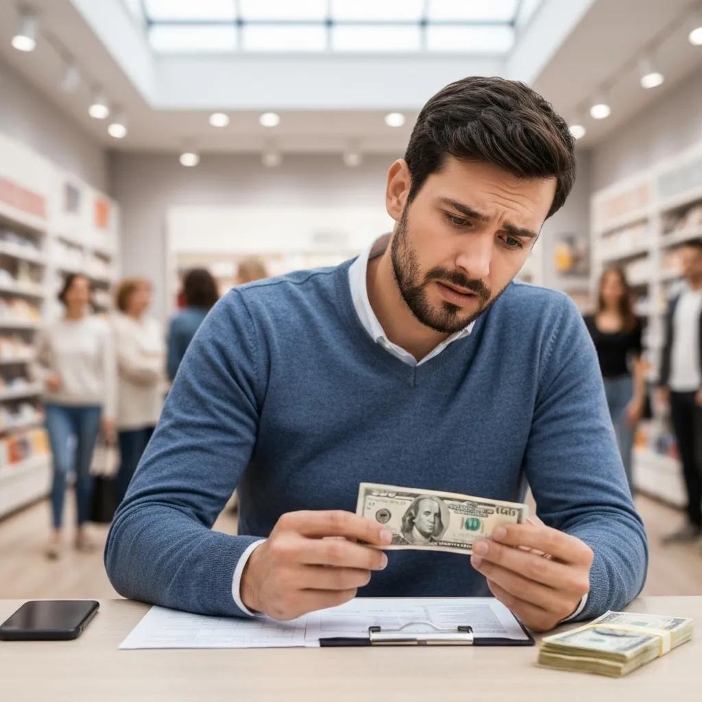 Small business owner reviewing cash and financial documents, illustrating the economic impact of counterfeit currency