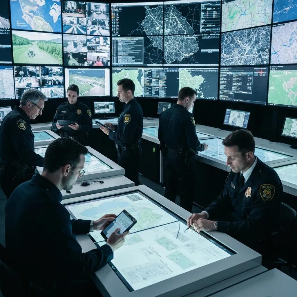 FBI and LAPD officers collaborating in a command center during investigation