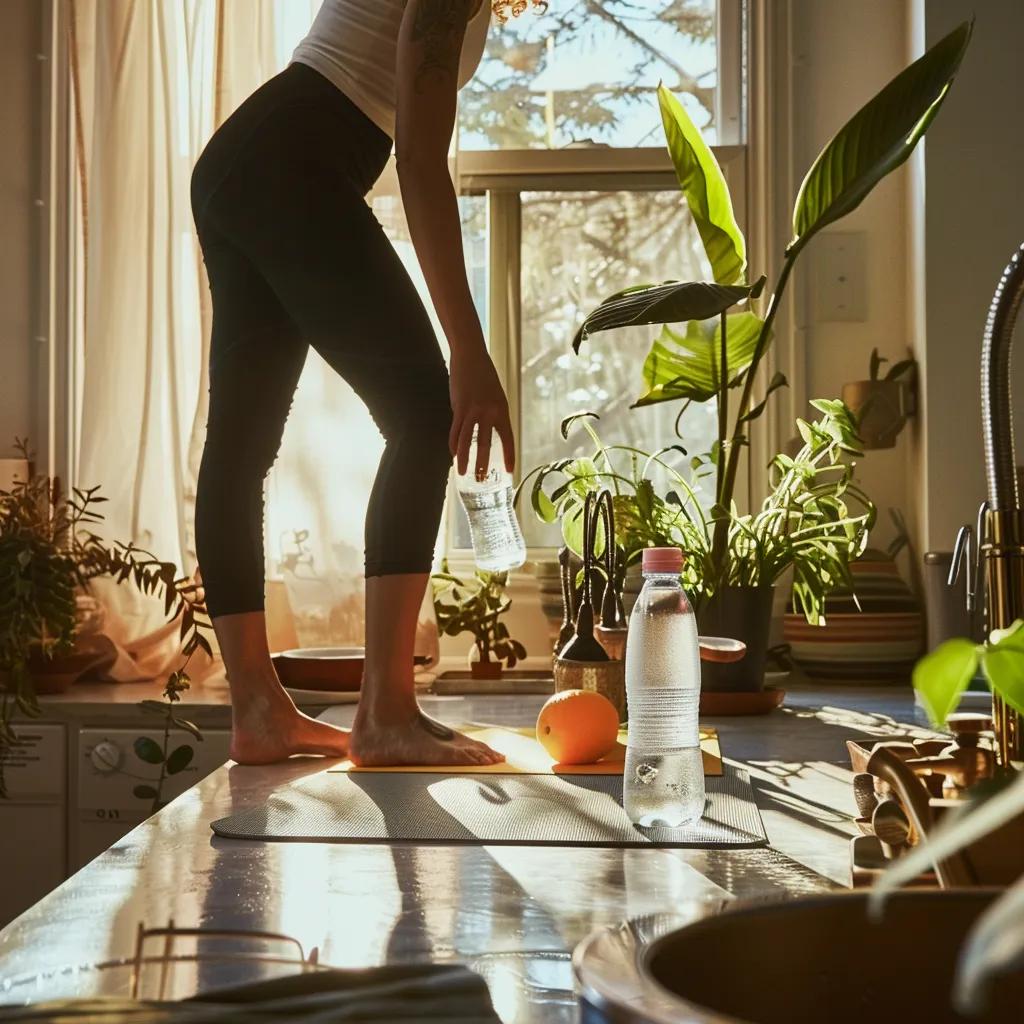 Person practicing morning routine with water and stretching in a bright kitchen