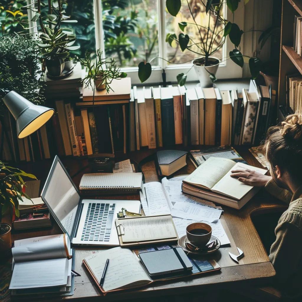 Writer at a desk with books and notes, illustrating the concept of semantic style in writing