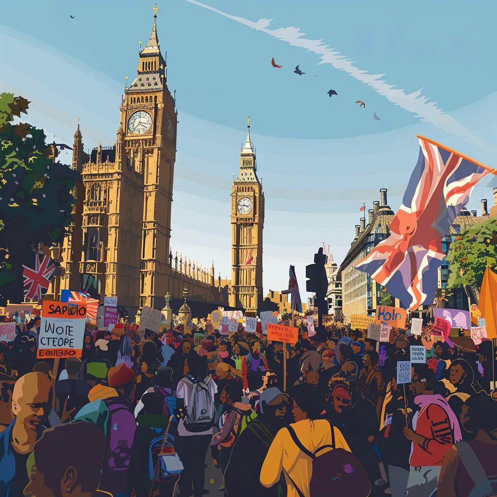 Crowd of diverse protesters at a UK immigration protest with banners and flags