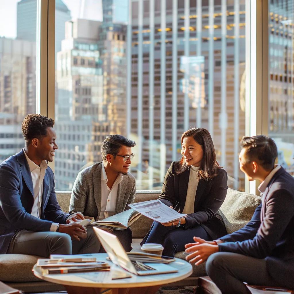 Investors discussing stock market trends in a cozy office setting with a city skyline view