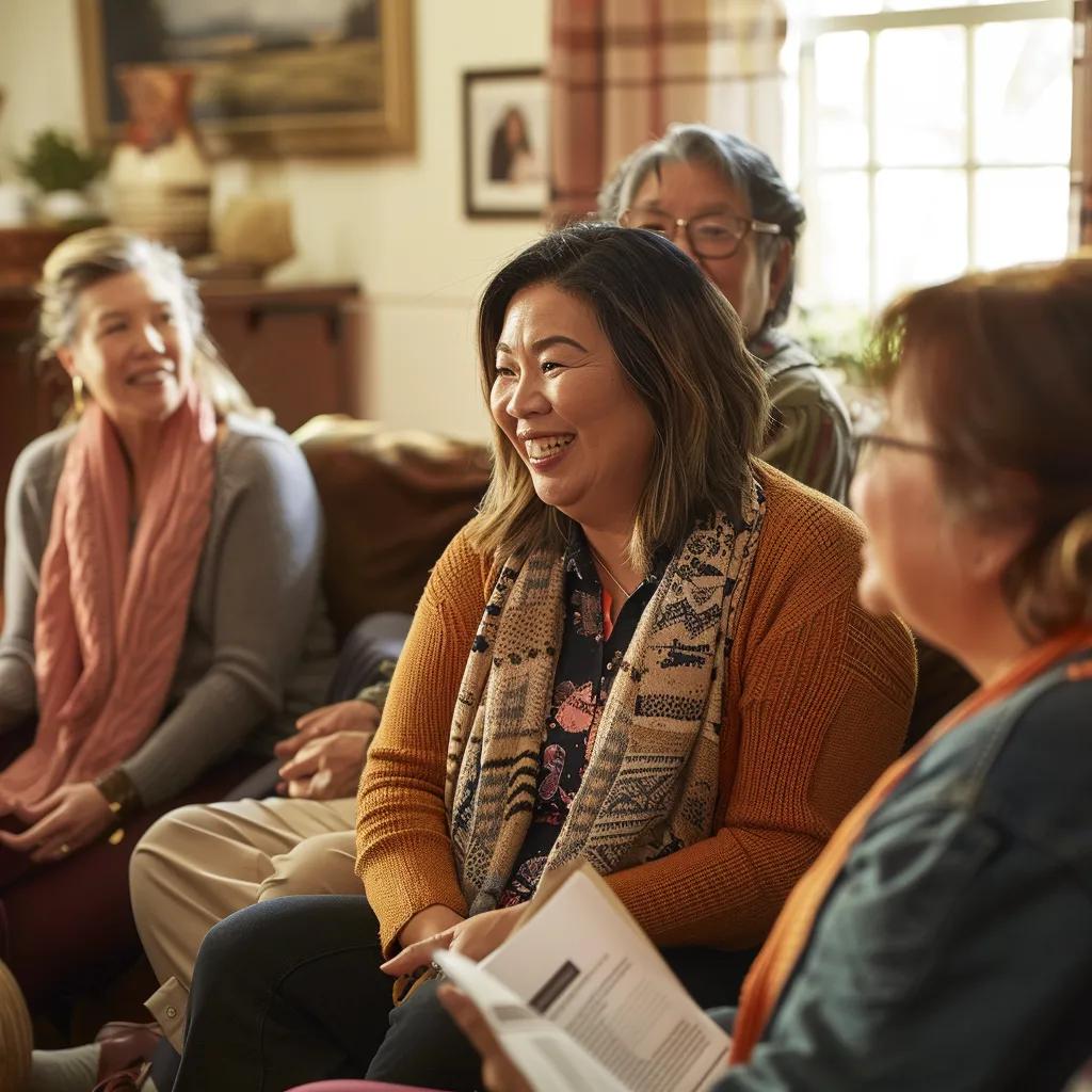 Diverse adults practicing life skills in a cozy home environment