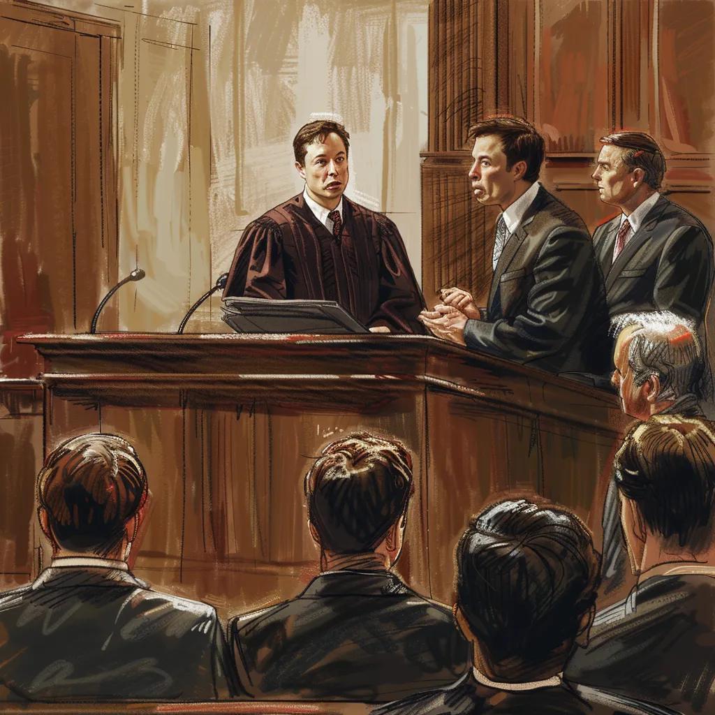 Courtroom scene during Tesla Autopilot lawsuit with judge and lawyers