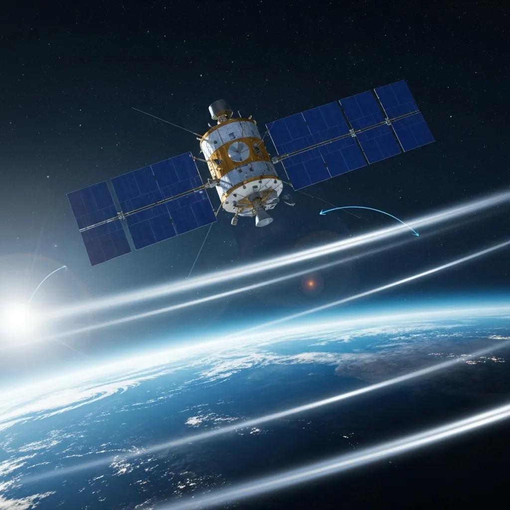 Challenges of space-based quantum communication illustrated with a satellite and visual elements of atmospheric turbulence