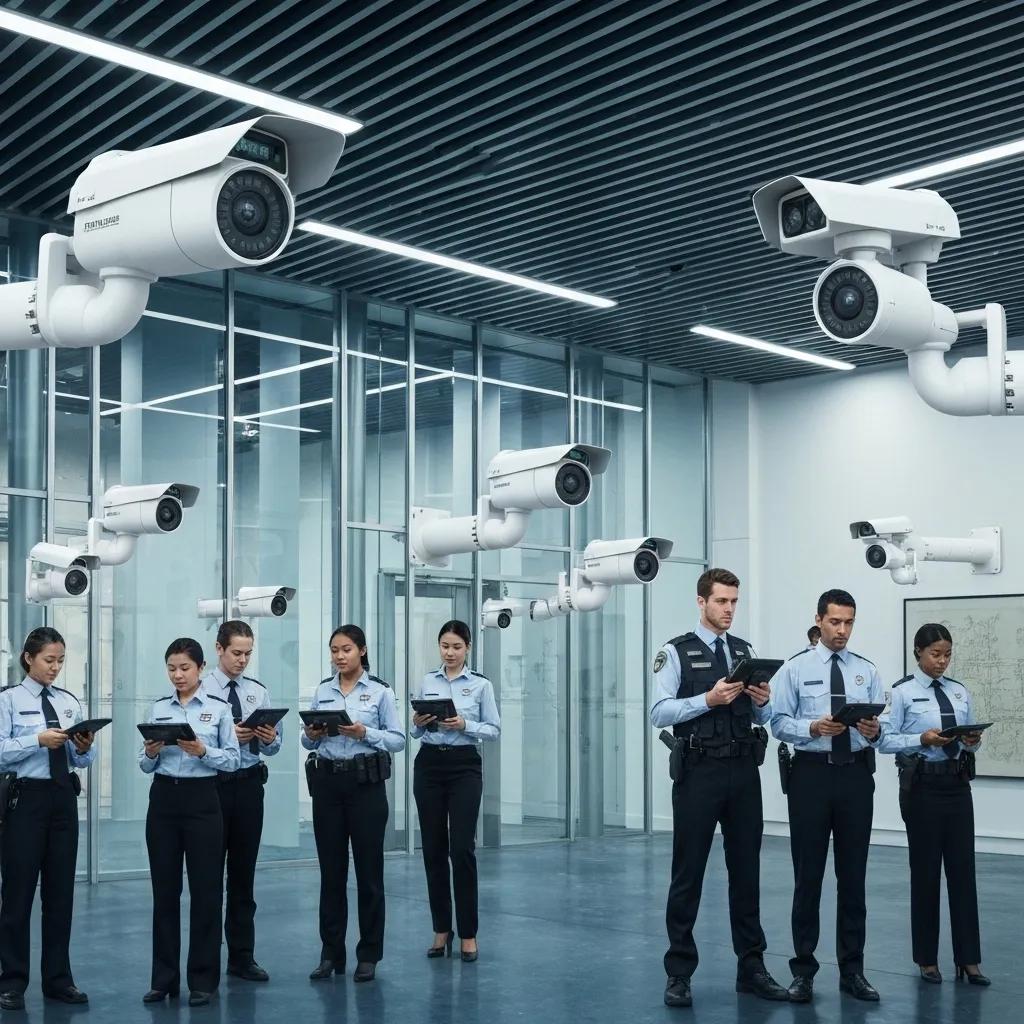 Advanced security measures in a museum, highlighting surveillance technology and personnel