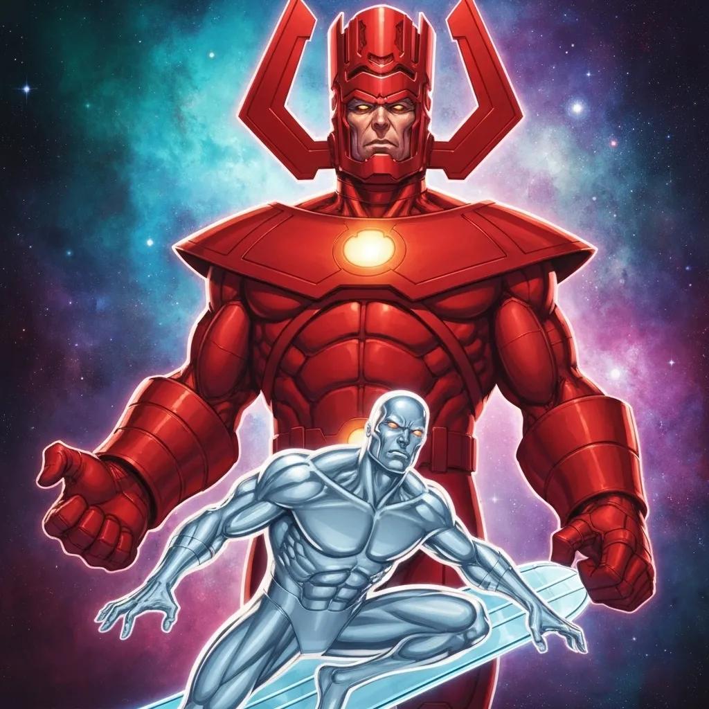 Galactus and Silver Surfer depicted in a cosmic setting, emphasizing their roles as key villains in the Fantastic Four reboot
