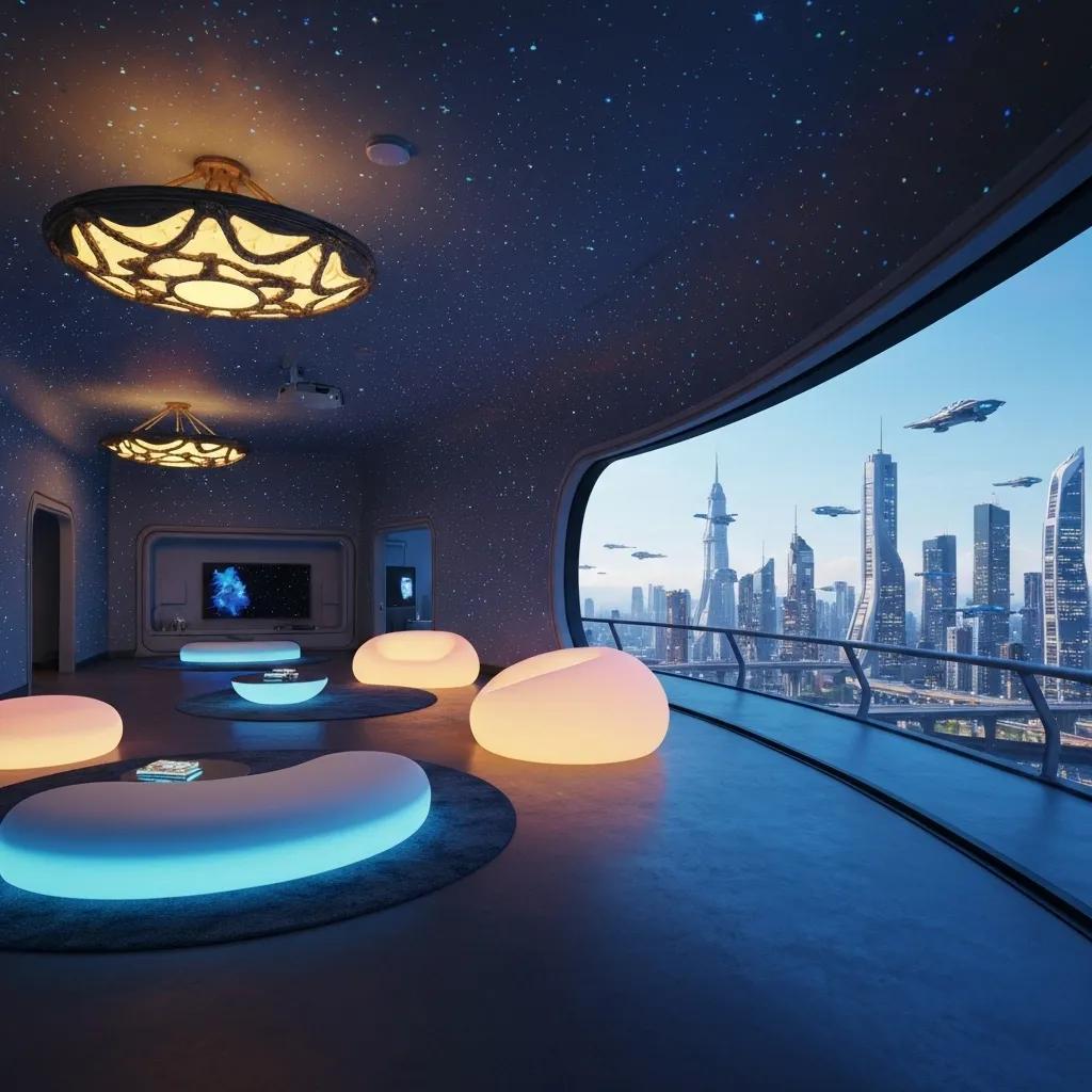 Interior view of a holographic communication pod showcasing advanced technology and ergonomic design