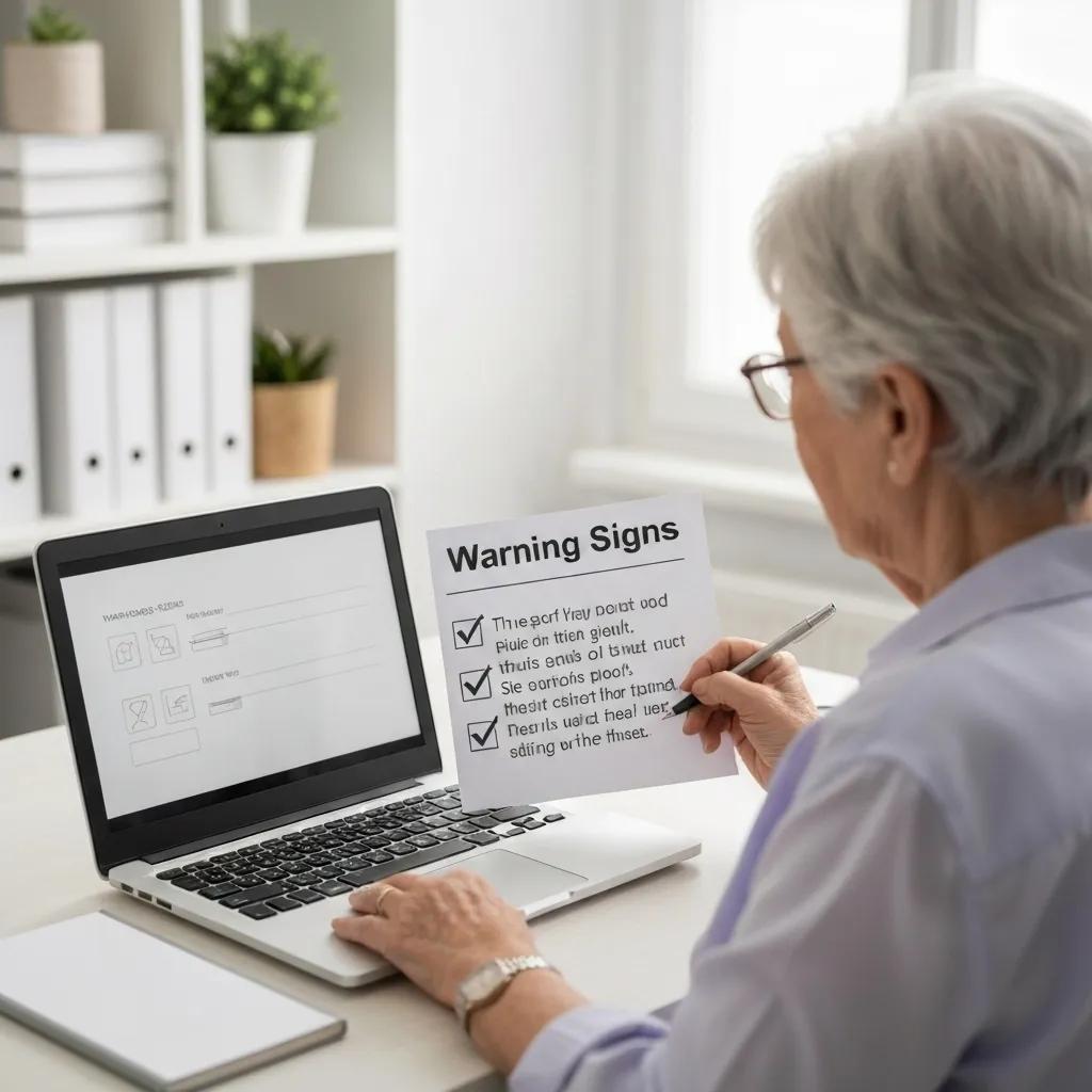Elderly person reviewing a checklist of warning signs for scams at a desk