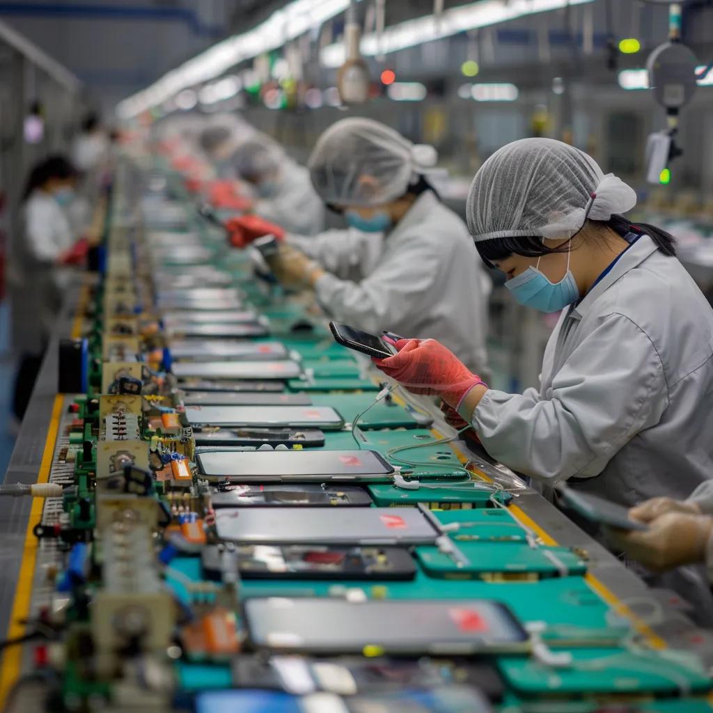 Modern manufacturing facility with workers assembling iPhones, showcasing efficiency and innovation in Apple's supply chain