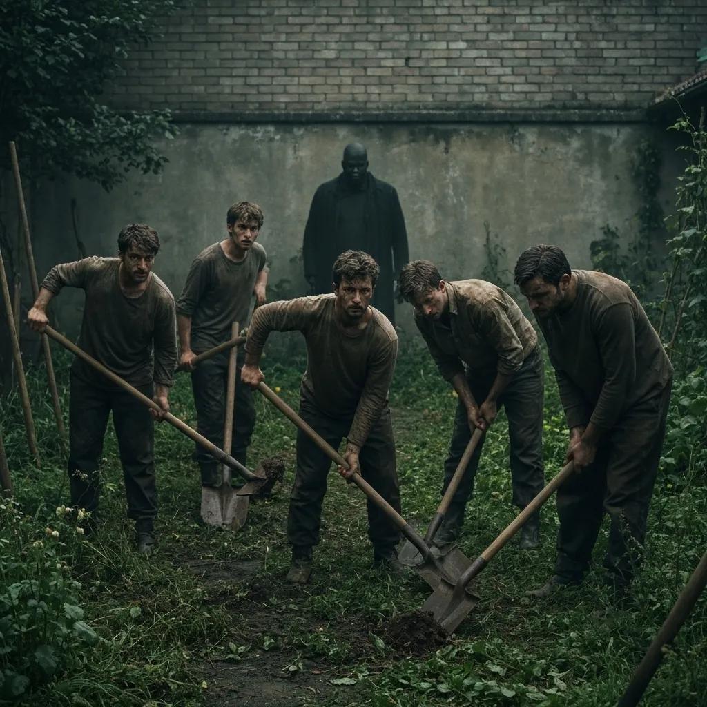Individuals performing forced labor under the watch of a shadowy figure, representing exploitation in cults