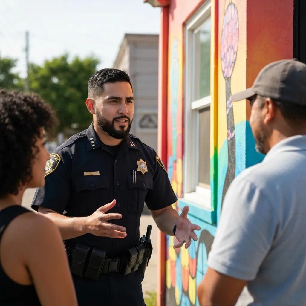 Police officer engaging with community members about crime statistics and safety