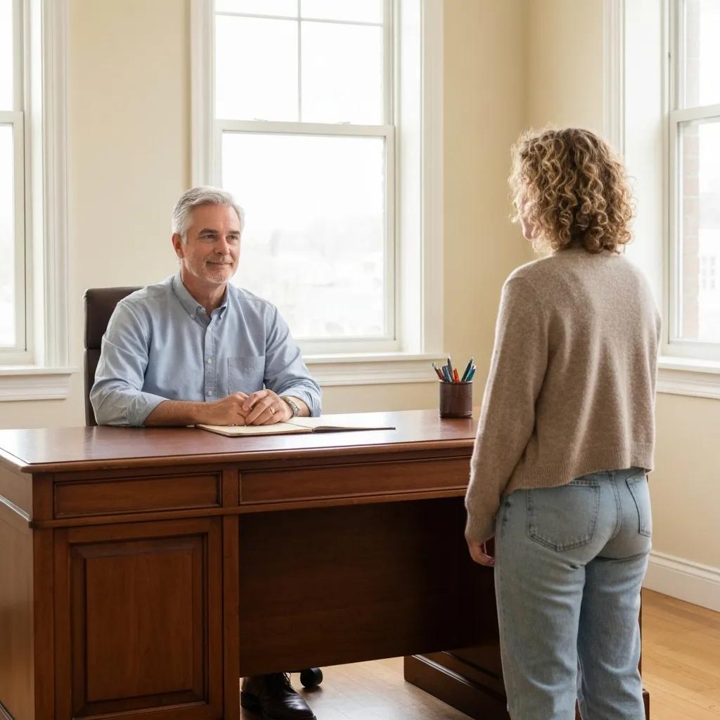 Counselor providing support to exoneree in a therapeutic setting
