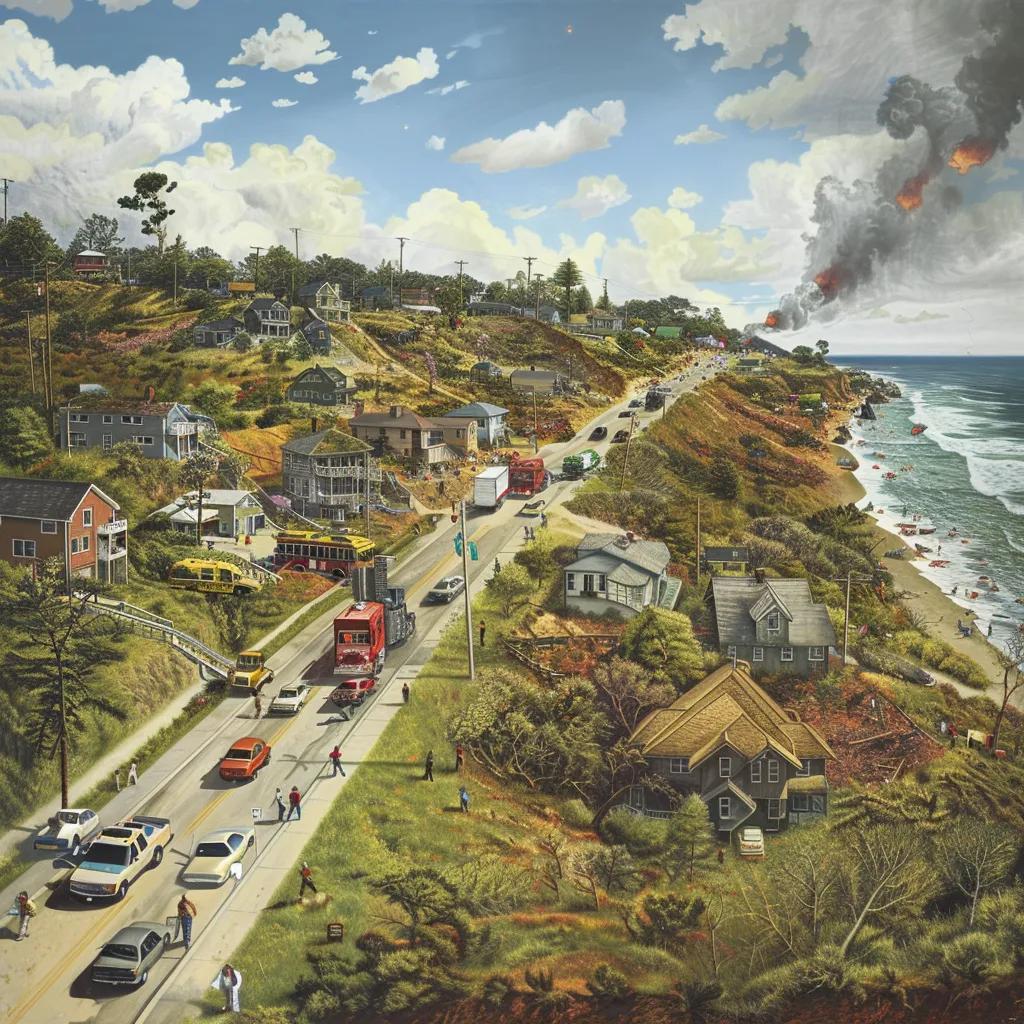 Residents evacuating a coastal town during a tsunami warning, highlighting community response and urgency