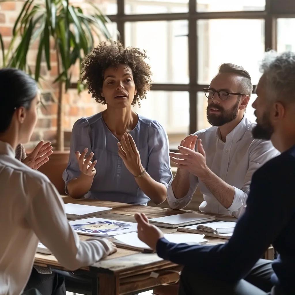 Group of professionals practicing mindfulness during a collaborative meeting